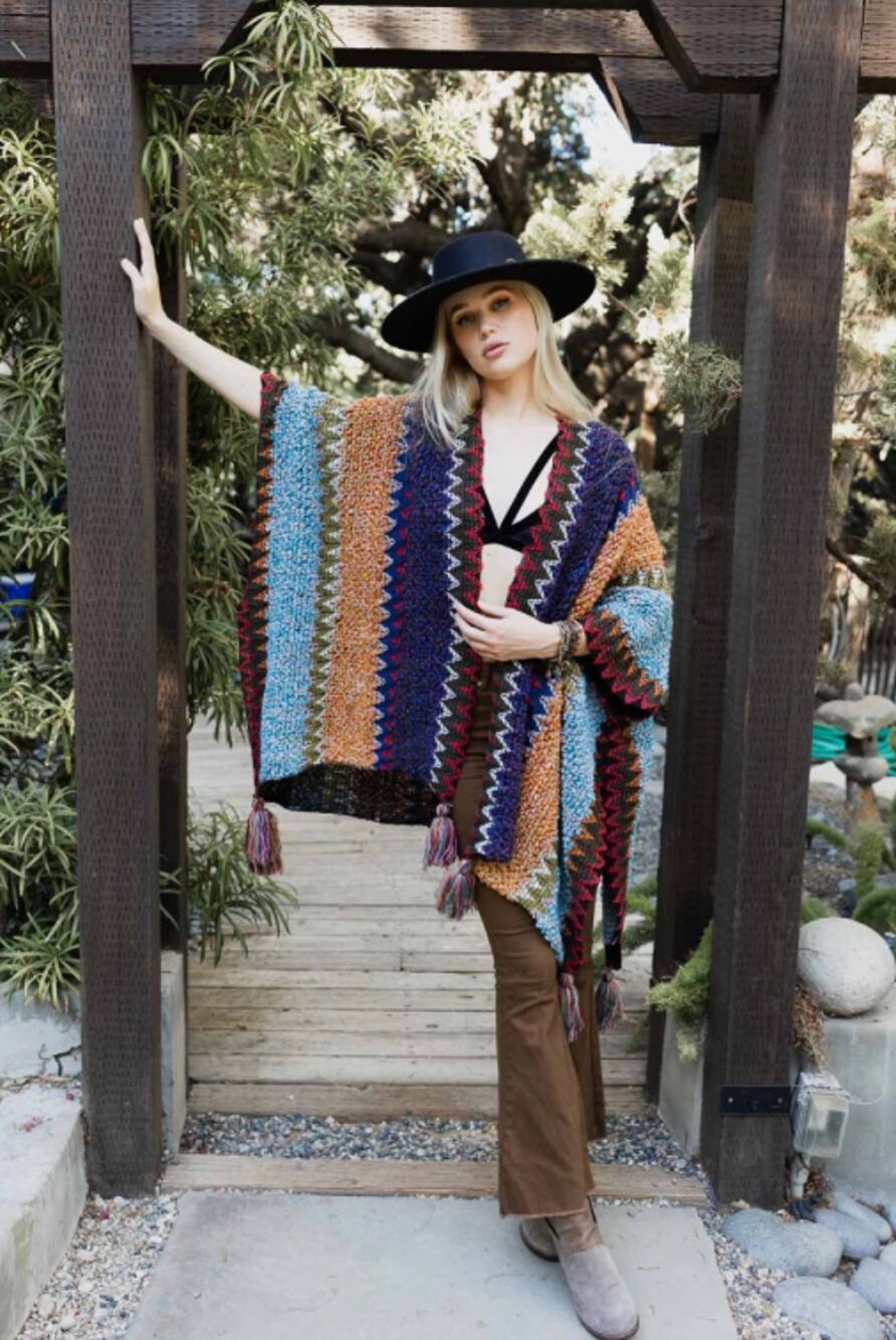 Colorful Crochet Patterned Ruana – Cozy Wrap Indigo